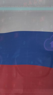 Rusya bayrağı üzerinde veri işleme animasyonu. Ukrayna krizi, siber savaş ve dijital olarak üretilen uluslararası politika kavramı.