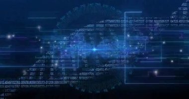 Mavi fütüristik arka planda dijital veri ve numaraların animasyonu ağ oluşturuyor. Teknoloji, siber uzay, bağlantı, engelleme zinciri, iletişim, bilgi