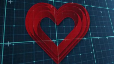 Kırmızı kalp katmanlarının dijital ızgara üzerinde çizgi ve noktalarla parlaması. Gelecek, teknoloji, hologram, ağ, sanal, geometrik