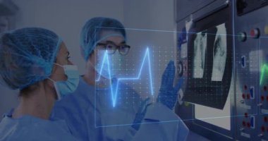 Hasta verilerini kalp atışı animasyonuyla analiz etmek, tıbbi profesyonellerin birlikte çalışması. Sağlık, takım çalışması, işbirliği, kardiyoloji, analitik, hastane