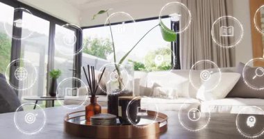 Modern oturma odasında yüzen büyük pencereli dijital simgelerin animasyonu. Teknoloji, yenilik, fütüristik, sanal, tasarım, iç mekan