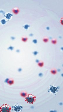 Dairesel ve mavi arkaplan üzerinde virüs hücrelerinin animasyonu. Coronavirus covid 19 salgını sırasında dijital olarak üretilen video.