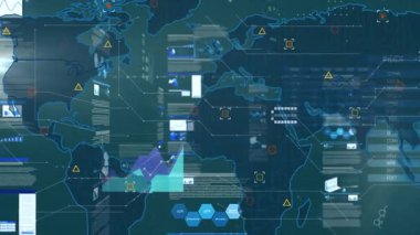 Küresel ağı kaplayan veri grafikleri ve grafikleriyle dijital haritayı gösteren animasyon. Teknoloji, analitik, veri görselleştirme, bağlantı, dijital dönüşüm, bilgi