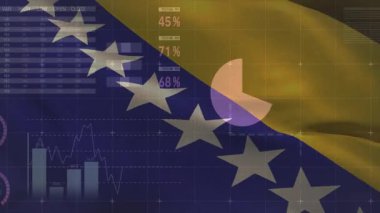 Bosna-Hersek bayrağı finans haritaları ve dünya haritalarının animasyonunu kaplıyor. Ekonomi, küresel, finans, analitik, uluslararası, borsa