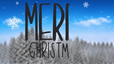 Kış ormanı arka planında kar taneleri olan Mutlu Noeller metninin animasyonu. tatil, selamlama, kar yağışı, şenlik, kutlama, mevsim