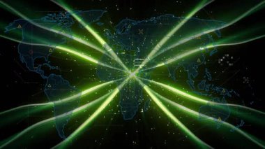 Ağ bağlantıları olan dijital veri akışlarının dünya haritasında akışı. Genel, bağlantı, teknoloji, internet, iletişim