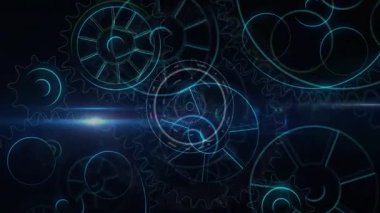 Fütürist dijital animasyonda parlayan mavi dişliler ve dişliler. Teknoloji, yenilik, makine, mekanik, hareket, sanayi