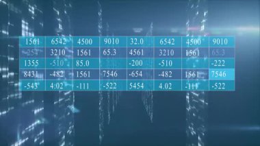 Fütürist şehir manzarasını parlayan gökdelenlerle kaplayan dijital veri tablosunun animasyonu. Teknoloji, yenilik, ufuk çizgisi, şehir, mimari, sanal