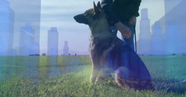 Alman çoban köpeği şehrin ufuk çizgisi animasyon örtüsüyle çimlerin üzerinde oturuyor. Köpek, şehir, manzara, metropol, dijital sanat, çimenlik