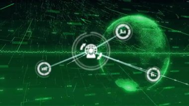 Yeşil soyut arkaplan üzerinde veri animasyonunu işleyen dijital ağ bağlantıları. Teknoloji, ağ oluşturma, siber uzay