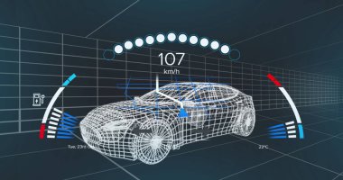 Koyu arkaplan üzerinde 3D araba modeli ve veri işleme resmi. Küresel otomobil endüstrisi, finans, iş dünyası, bağlantılar, hesaplama ve veri işleme kavramı dijital olarak oluşturulmuş görüntü.