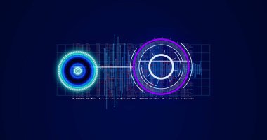 Diyagram üzerinde tarama yapan dürbün görüntüsü. Küresel teknoloji ve dijital arayüz konsepti dijital olarak oluşturuldu.