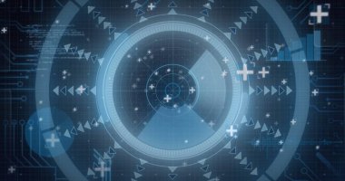 Diyagramlar ve taramalar üzerinden veri işleme görüntüsü. Teknoloji, iş ve dijital arayüz kavramı dijital olarak oluşturulmuş görüntü.