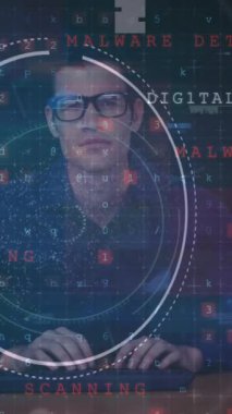 Animation of scope scanning and virus cell over caucasian man using computer. global business, finances, connections and digital interface concept digitally generated video.