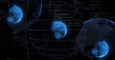 Yörünge çizgileri ve karanlık arka planda veri noktaları olan dijital dünyanın animasyonu. Teknoloji, küresel, ağ, bağlantılar, fütürist, siber uzay