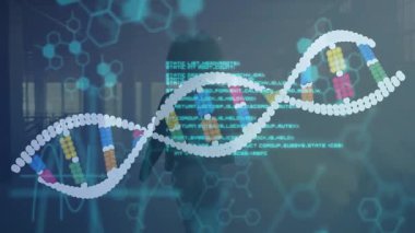 DNA dizisi ve ikili kodlama animasyondaki bilimsel veri işlemesini gösteriyor. Genetik, dijital, biyoteknoloji, biyoenformatik, yenilik, bilgi