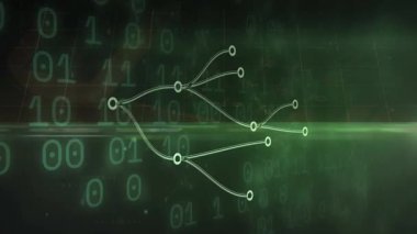 Parlak yeşil ışık animasyonu üzerine ikili kod ve ağ bağlantıları. Teknoloji, siber, dijital, veri, kodlama, bağlantı