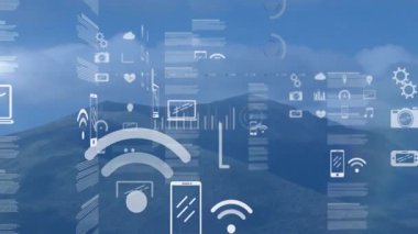 Teknoloji ve veri analiz ikonları dağ manzarasının animasyonunu örtüyor. Dijital, yenilik, fütüristik, görselleştirme, sanal, dönüşüm