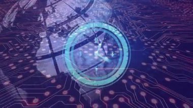 Devre kartının üzerinde dijital saat animasyonu ve parlayan ağ bağlantıları. Teknoloji, siber, iletişim, devre, fütüristik, elektronik