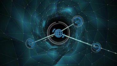 Geometrik arkaplan üzerinde bağlantılar ve veri işleme animasyonu ağı. Teknoloji, dijital, bağlantı, fütüristik, iletişim, bilgi