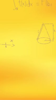 Sarı arkaplan üzerinde elle yazılmış matematiksel formüllerin animasyonu. Bilim, matematik ve öğrenme konsepti dijital olarak oluşturulmuş video.
