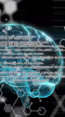 Siyah arka planda veri işleme ve beyin animasyonu. küresel teknoloji ve dijital arayüz kavramı dijital olarak oluşturulmuş video.