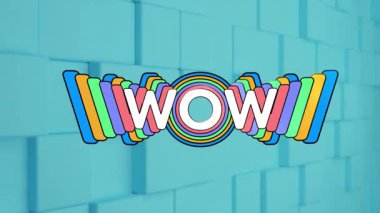 Mavi geometrik arka planda gökkuşağı katmanlı renkli WOW metnin animasyonu. Tipografi, canlı, tasarım, dinamik