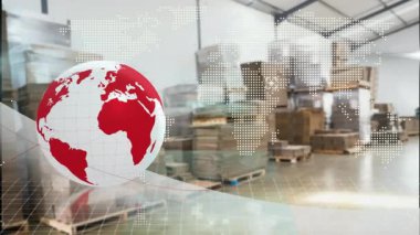 Dünya haritasında istiflenmiş paletler ve kırmızı dünya animasyonlarıyla dolu bir depo. Lojistik, depolama, dağıtım, tedarik zinciri, küresel, nakliye