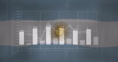 Finansal tablolar ve grafikler animasyon elemanlarıyla kaplanmış Arjantin bayrağı. Maliye, ekonomi, yatırım, para birimi, analiz, Arjantin