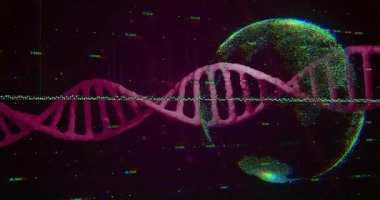 Bilimsel veriler işleniyor, DNA ipliği ikili kod animasyonuyla iç içe geçiyor. Bilim, teknoloji, genetik, biyoenformatik, veri analizi, araştırma