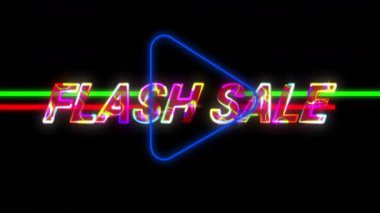 Parlak üçgen ve renkli çizgili neon satışı metninin animasyonu. Promosyon, indirim, reklam, pazarlama, perakende, ticaret