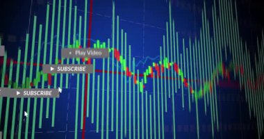 Mavi arka planda sosyal medya bildirimleriyle birlikte borsa grafiğinin animasyonu. Finans, teknoloji, ekonomi, analitik, dijital, iş