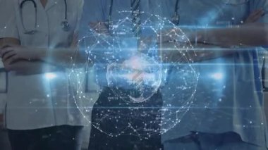 Dijital ağ ile işbirliği, hastanede veri animasyonu kullanan tıp uzmanları. Sağlık, işbirliği, yenilik, teknoloji, takım çalışması, analiz