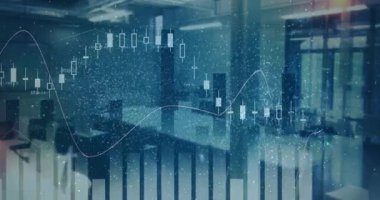 Ofiste, modern çalışma alanını kaplayan finansal veri çizelgelerinin animasyonu. İş, analitik, finans, teknoloji, veri görselleştirme, yenilik