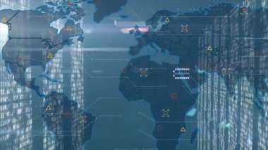 Veri işleme sembolleri ve ağ bağlantılarıyla dijital dünya haritasının animasyonu. Global, teknoloji, bağlantı, iletişim, sanal, etkileşimli