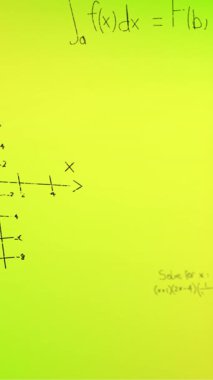 Sarı arkaplan üzerinde elle yazılmış matematiksel formüllerin animasyonu. Bilim, matematik ve öğrenme konsepti dijital olarak oluşturulmuş video.