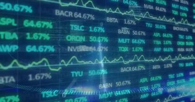 Animasyon, finansal veriler ve değişen grafiklerle borsa eğilimleri gösteriliyor. Maliye, yatırım, analitik, ekonomi, tablolar