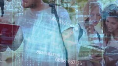 Dijital veri ve numaralarla kitap okuyan gençler animasyonu örtüyor. Teknoloji, yenilik, eğitim, öğrenme, bilgi, analiz