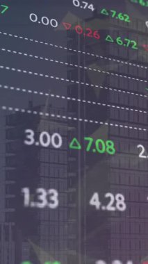 Şehir manzarası üzerinde borsa animasyonu. küresel iş, teknoloji ve veri işleme kavramı dijital olarak oluşturulmuş video.