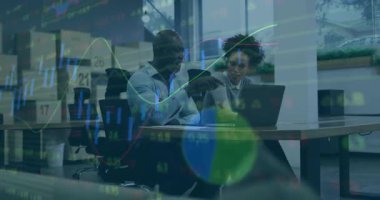 Veri analizi, borsada animasyon grafikleri olan iş adamları. Finans, analitik, eğilimler, yatırım, şirket, büyüme