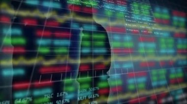 Borsa grafikleri ve finansal veri animasyonu renkli dijital ekranı kapsıyor. Finans, yatırım, analitik, ekonomi, eğilimler, iş