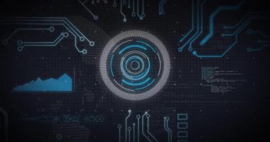 Okuldaki dairesel kalıplar ve verilerle birlikte gelecekteki dijital arayüzün animasyonu. Teknoloji, yenilik, bilim, sanal, eğitim, tasarım