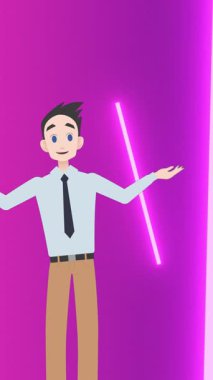 Mor arkaplandaki neon çizgilerin üzerinde insan ikonu canlandırması. soyut arkaplan ve şablon kavramı dijital olarak oluşturulmuş video.