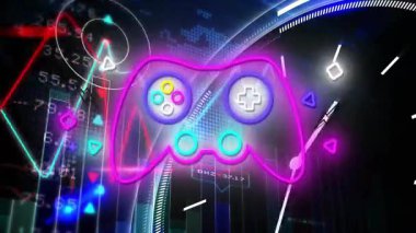 Okul ortamında fütüristik grafikleri olan neon oyun kontrolörünün dijital animasyonu. Oyuncu, neon ışıkları, sanal gerçeklik, teknoloji, dijital sanat, yenilik
