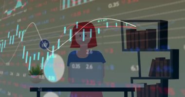 Finansal veri tabloları bilgisayarda çalışan kişinin animasyonunu gösteriyor. Finans, analitik, iş, veri analizi, ekonomi, büyüme
