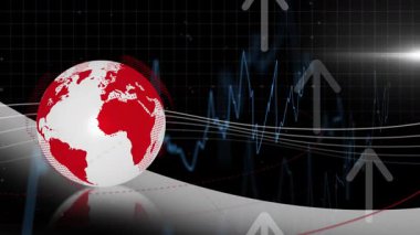 Finansal grafikleri olan kırmızı küre animasyonu ve koyu arkaplanda yukarı doğru oklar. Finans, ekonomi, küresel büyüme, yatırım, analitik