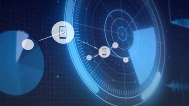 Fütürist mavi arayüzde müziğin dijital animasyonu ve akıllı telefon simgeleri. Teknoloji, yenilik, iletişim