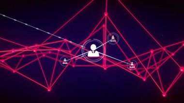 Karanlık arkaplan üzerinde bağlantılar ve veri işleme animasyonu ağı. Teknoloji, dijital, bağlantı, gelecek, iletişim, ağ