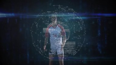 Dijital ağ ve veri ile hareket halinde olan futbolcu animasyonu örtüyor. atlet, teknoloji, analitik, performans, spor