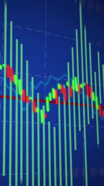 Finansal veri işleme animasyonu ve mavi arka planda yol tabelası. küresel finans, iş ve dijital arayüz kavramı dijital olarak oluşturulmuş video.